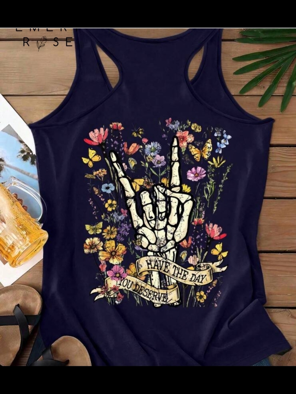 SHEIN Curve Navy Floral Skeleton Hand Graphic Tank